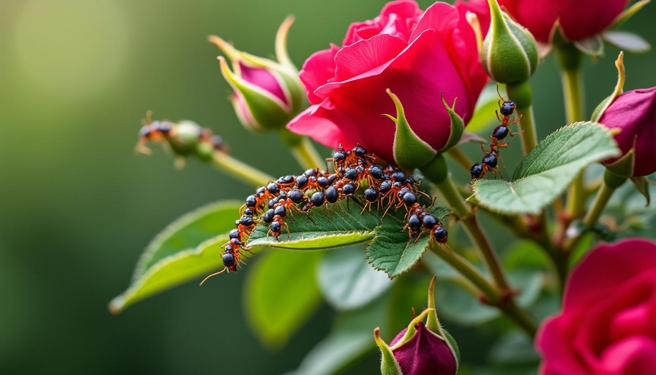 découvrez pourquoi les fourmis protègent les pucerons sur vos rosiers et apprenez comment interrompre cette relation nuisible pour sauver vos plantes.